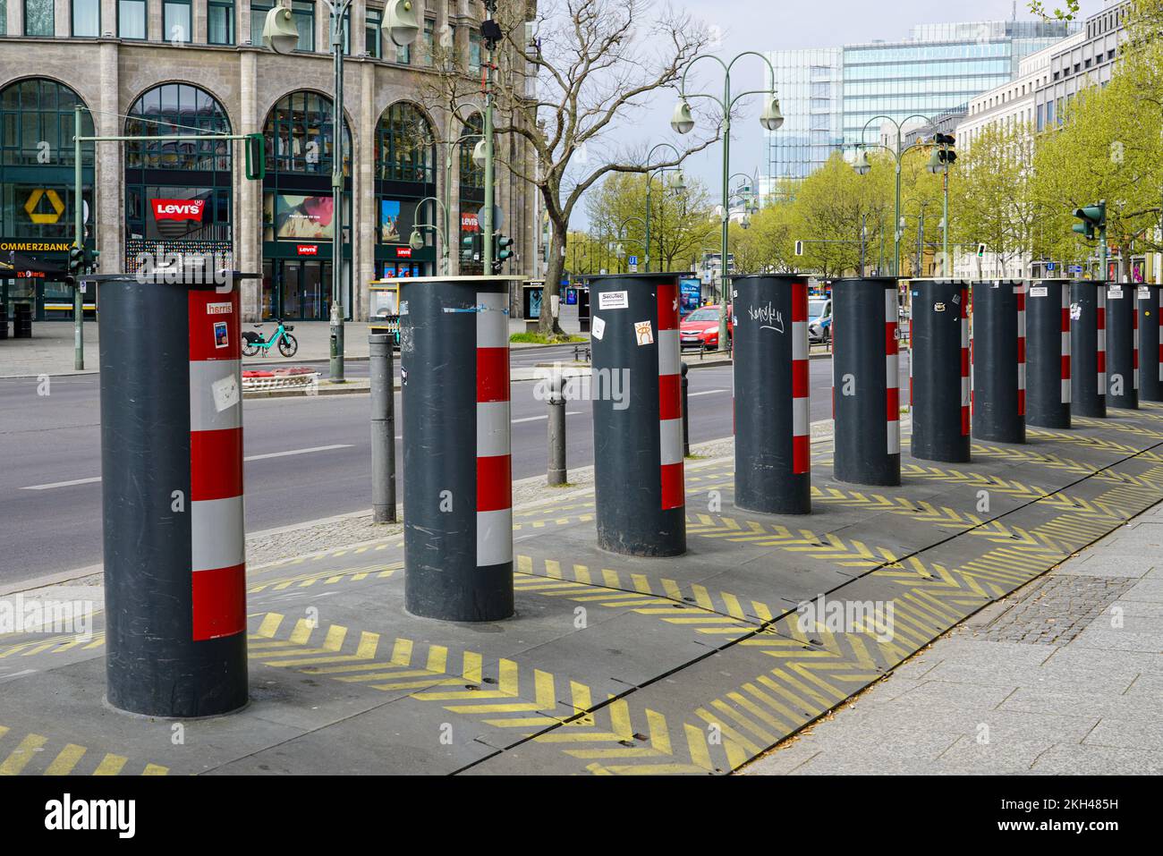 Bollards and barriers are set up at the Memorial Church at Breitscheidplatz  in Berlin, to protect people from attacks with cars like the one on the C Stock Photo