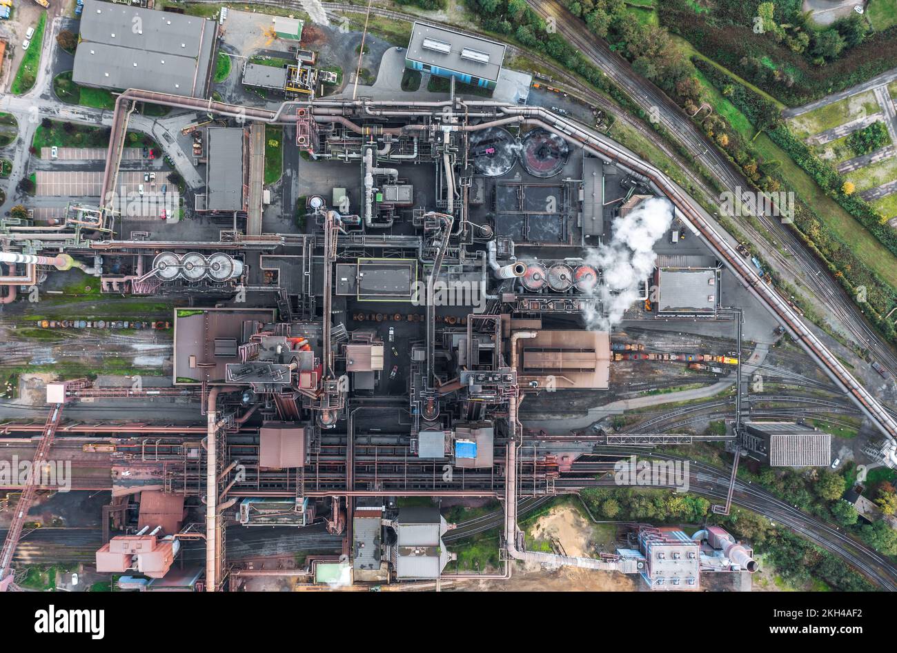 Duisburg, Germany, Industry of Ruhr: Aerial view directly above the industrial blast furnace of ThyssenKrupp steel production plant Stock Photo