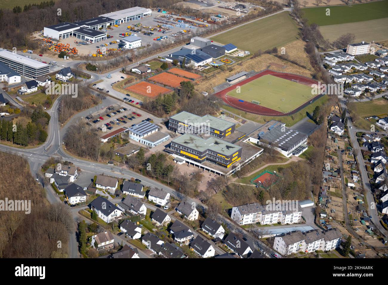Aerial view, municipal high school and sports facility, Wormbach, Schmallenberg, Sauerland, North Rhine-Westphalia, Germany, Education, Educational in Stock Photo
