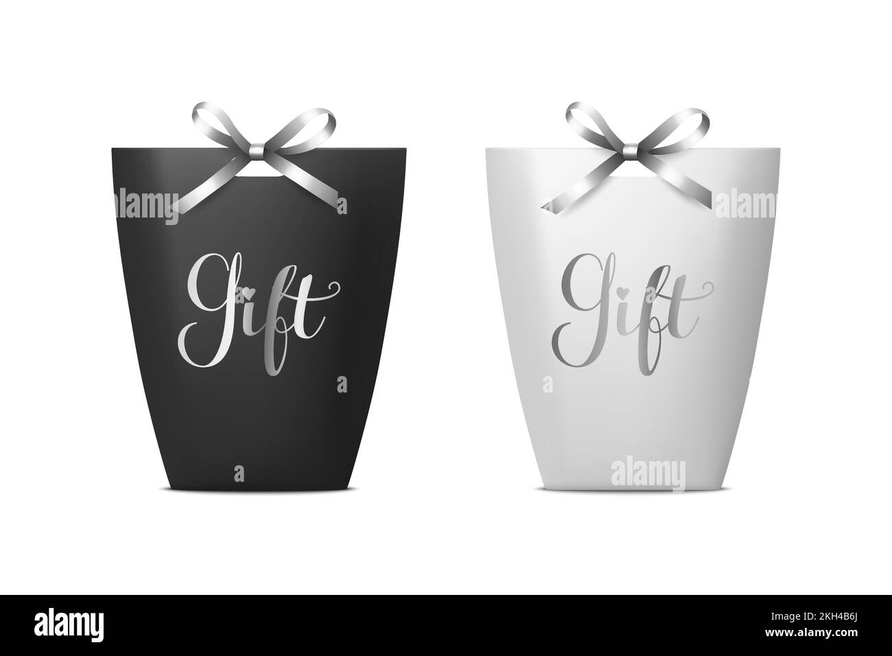 Vector 3d Realistic Black and White Paper Gift Bag, Box for Birthday or