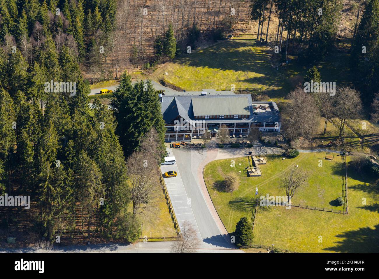 Aerial view, Hotel Kleins Wiese, Fredeburg, Schmallenberg, Sauerland, North Rhine-Westphalia, Germany, DE, Europe, Gastronomies, Hotel, Hotel faciliti Stock Photo