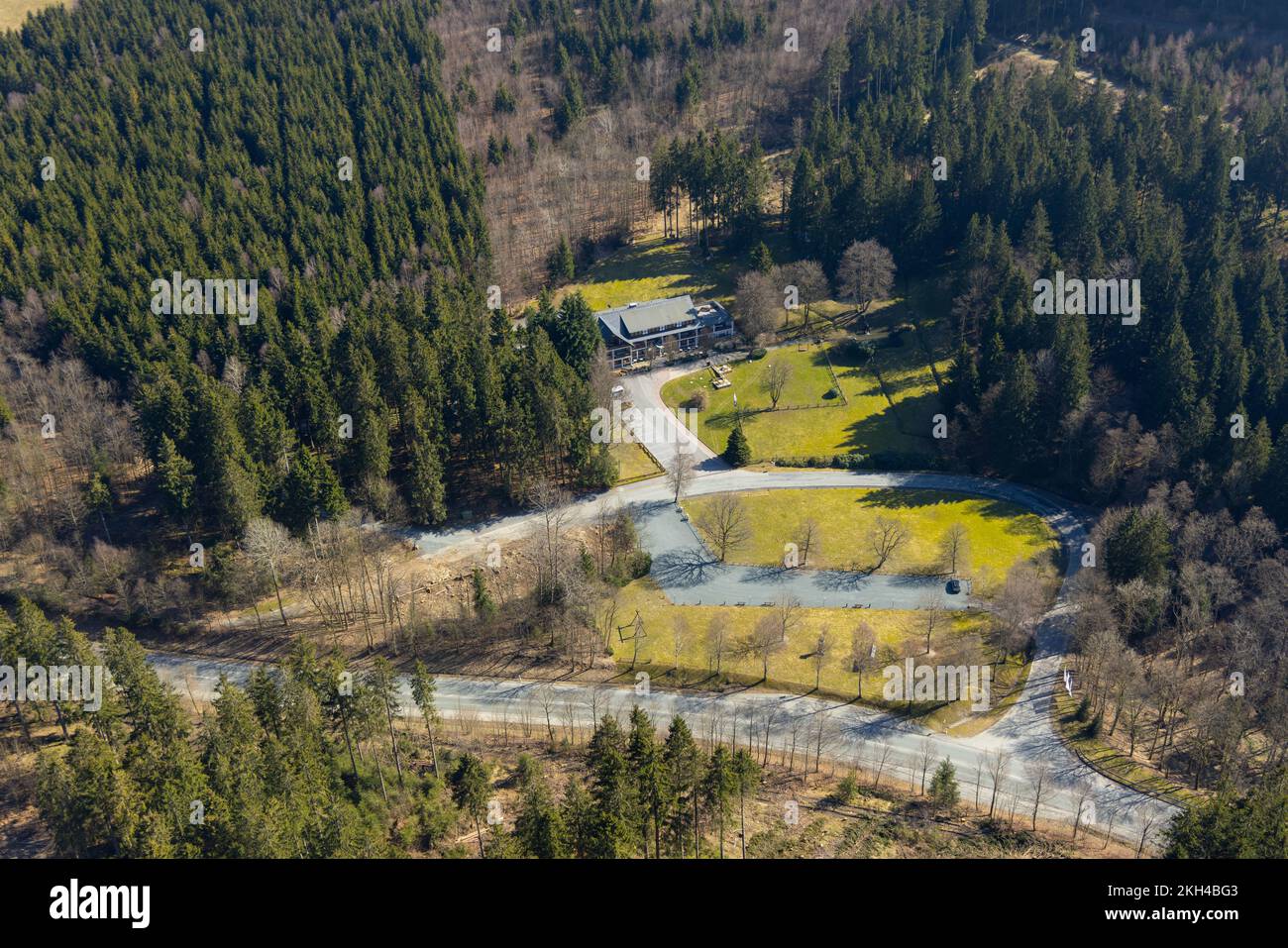 Aerial view, Hotel Kleins Wiese, Fredeburg, Schmallenberg, Sauerland, North Rhine-Westphalia, Germany, DE, Europe, Gastronomies, Hotel, Hotel faciliti Stock Photo