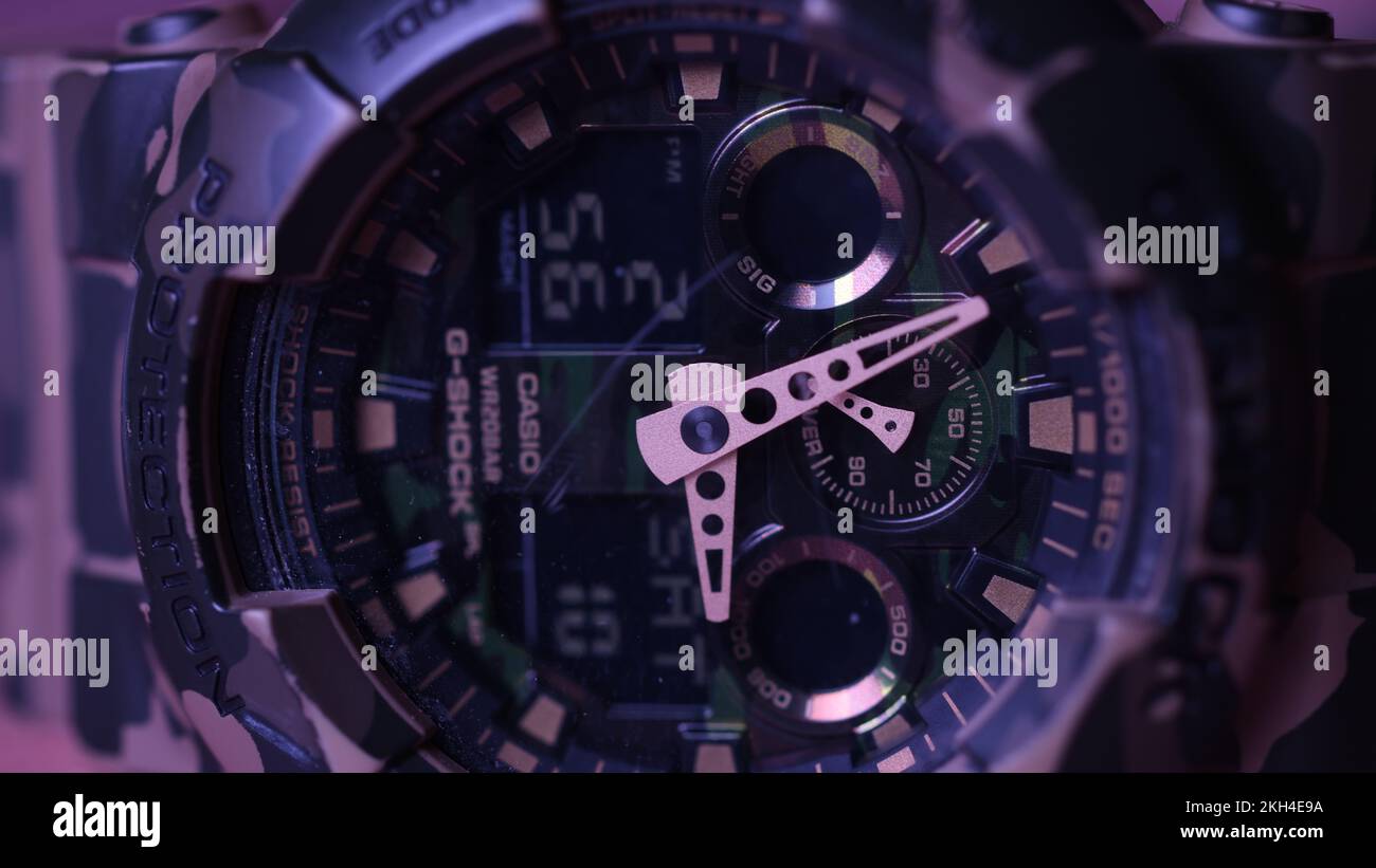 A closeup of a durable camouflage Casio GShock watch with multiple