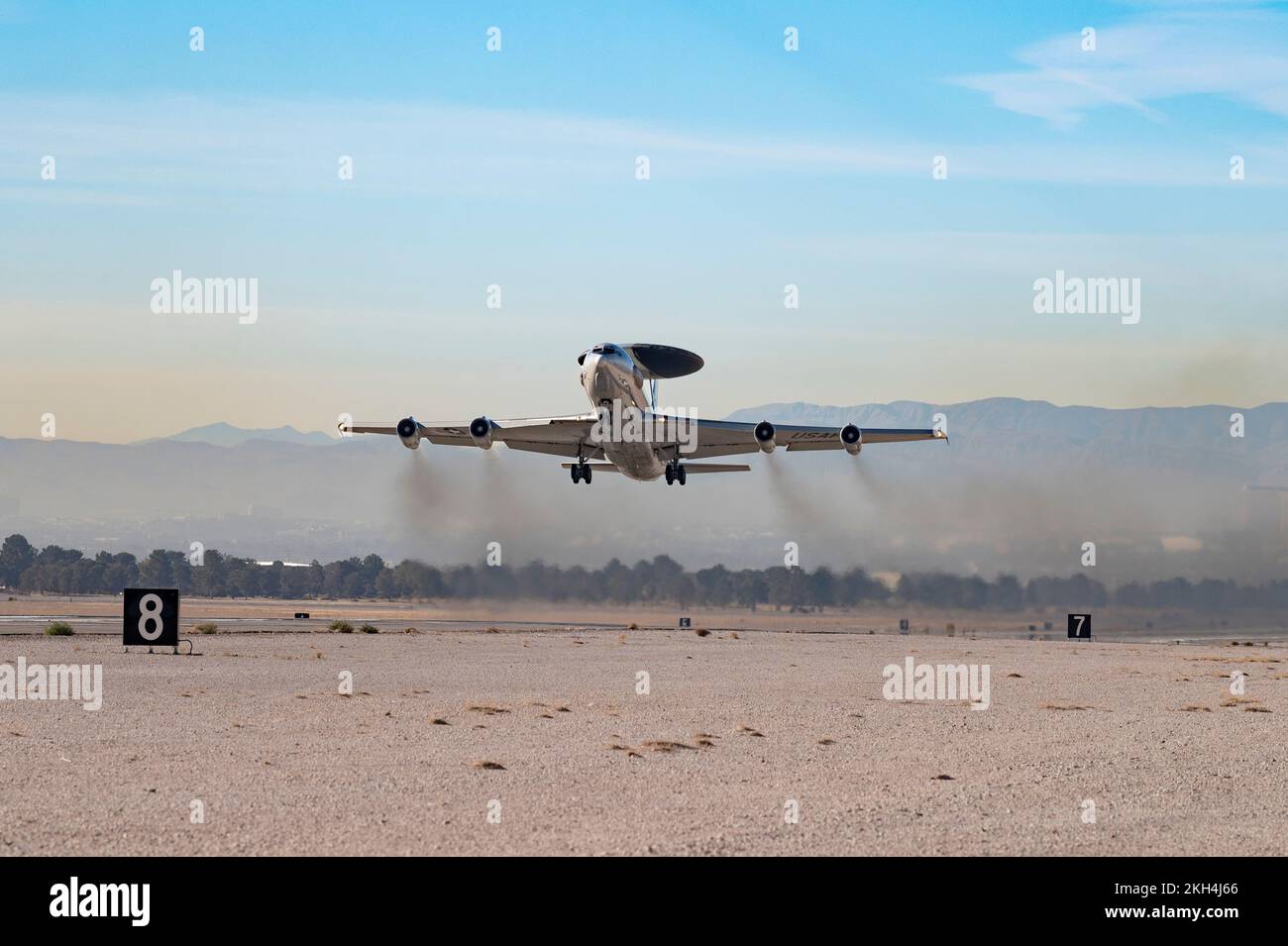 An E-3A Sentry takes off for a U.S. Air Force Weapons School Integration (WSINT) exercise at Nellis Air Force Base, Nevada, Nov. 21, 2022. The E-3 is at Nellis AFB participating in  WSINT and provides an accurate, real-time picture of the battlespace to the Joint Air Operations Center. (U.S. Air Force photo by William R. Lewis) Stock Photo