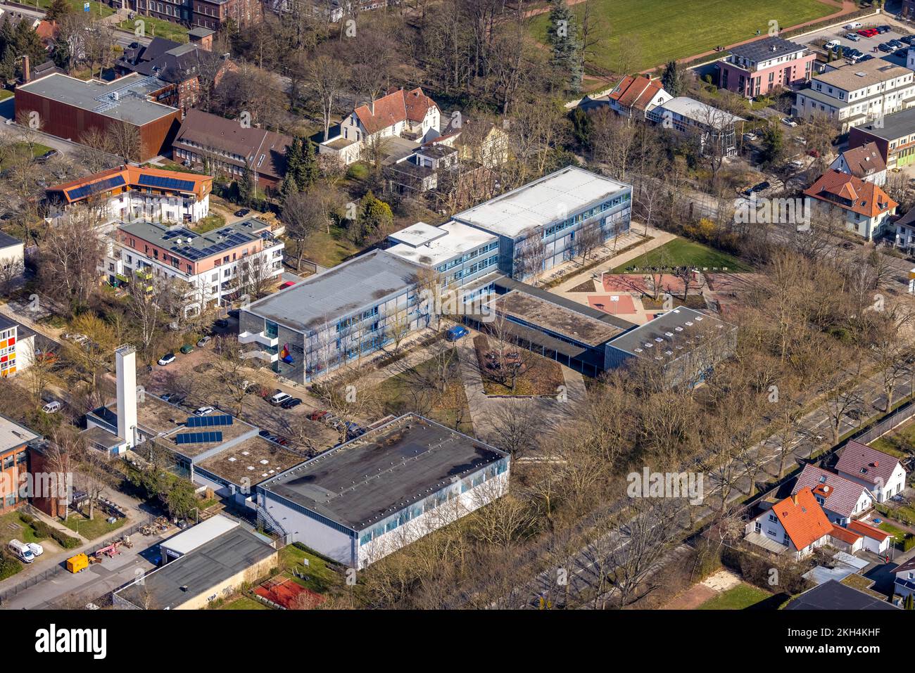 Aerial view, secondary school Soest, Thomä, Soest, Soester Börde, North Rhine-Westphalia, Germany, Education, Educational institution, DE, Europe, Tea Stock Photo