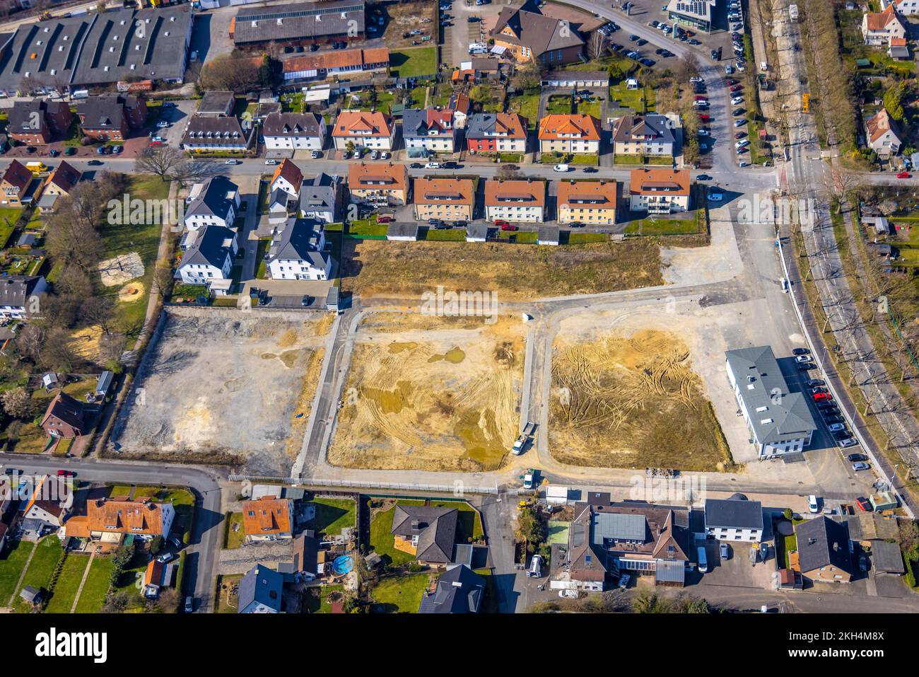 Aerial view, construction area for new housing estate Platanen Viertel, Cusanusweg, Thomä, Soest, Soester Börde, North Rhine-Westphalia, Germany, DE, Stock Photo