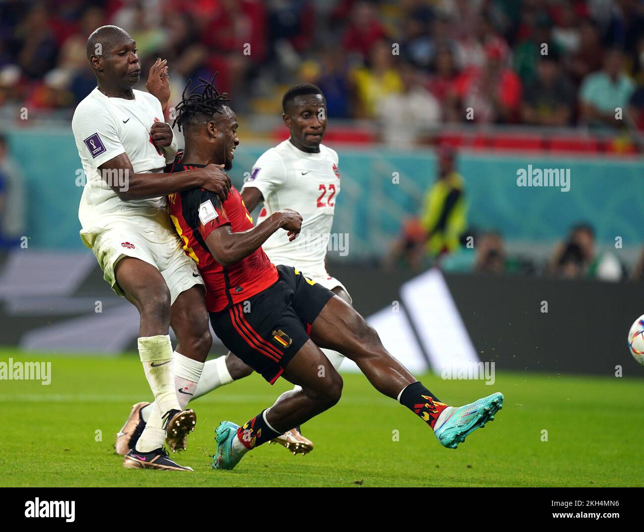 Belgium's Michy Batshuayi (centre) scores their side's first goal of the game during the FIFA World Cup Group F match at the Ahmad bin Ali Stadium, Al Rayyan. Picture date: Wednesday November 23, 2022. Stock Photo