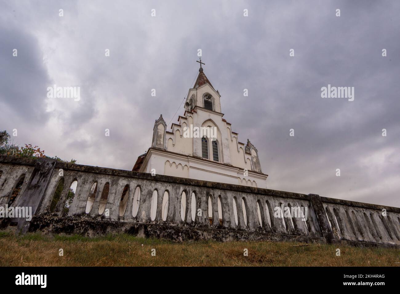 Catholic Church on the Hill in Santa Leopoldina Town on a Cloudy Day Stock Photo