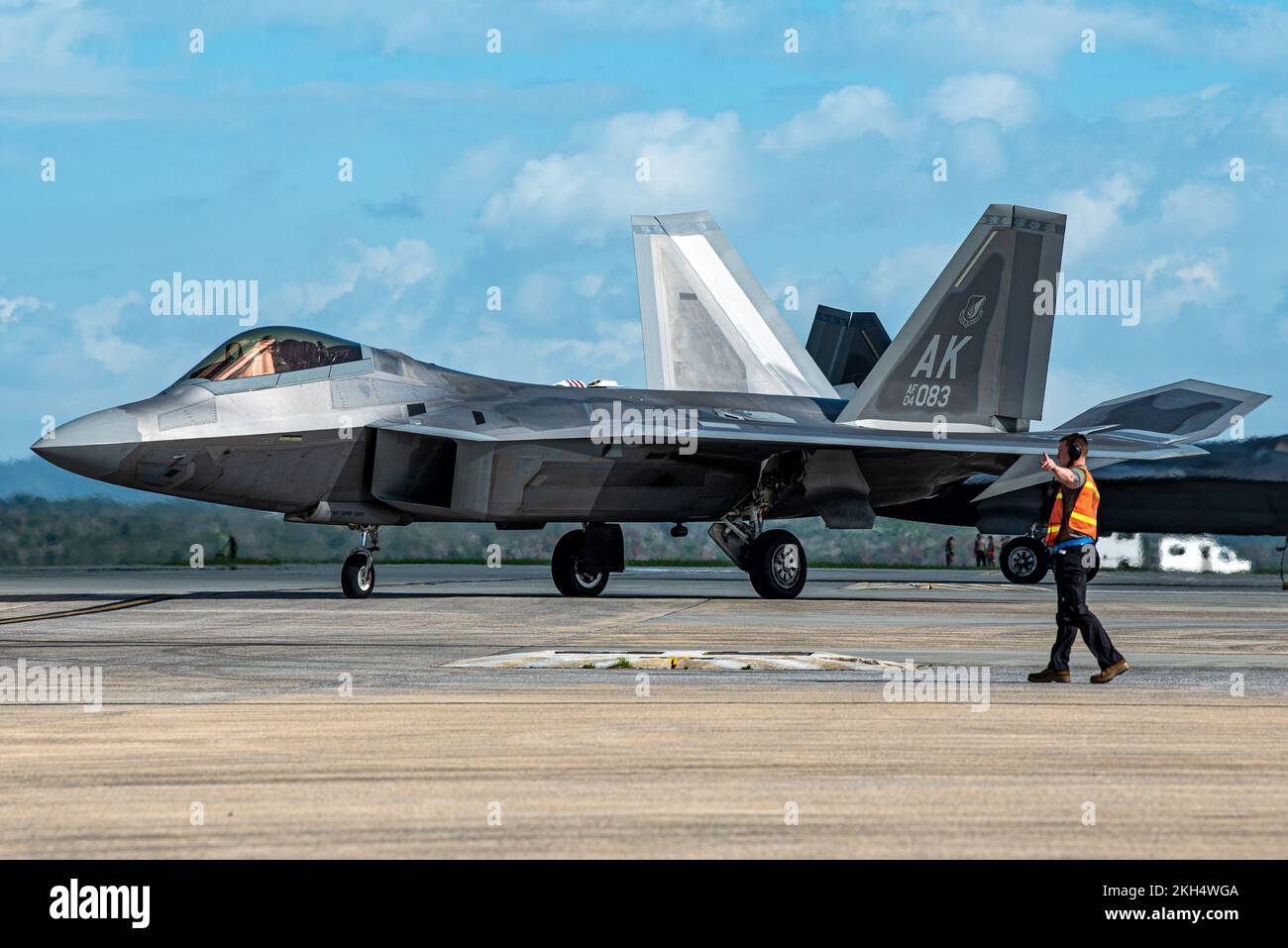 A 3rd Aircraft Maintenance Squadron crew chief marshals a U.S. Air