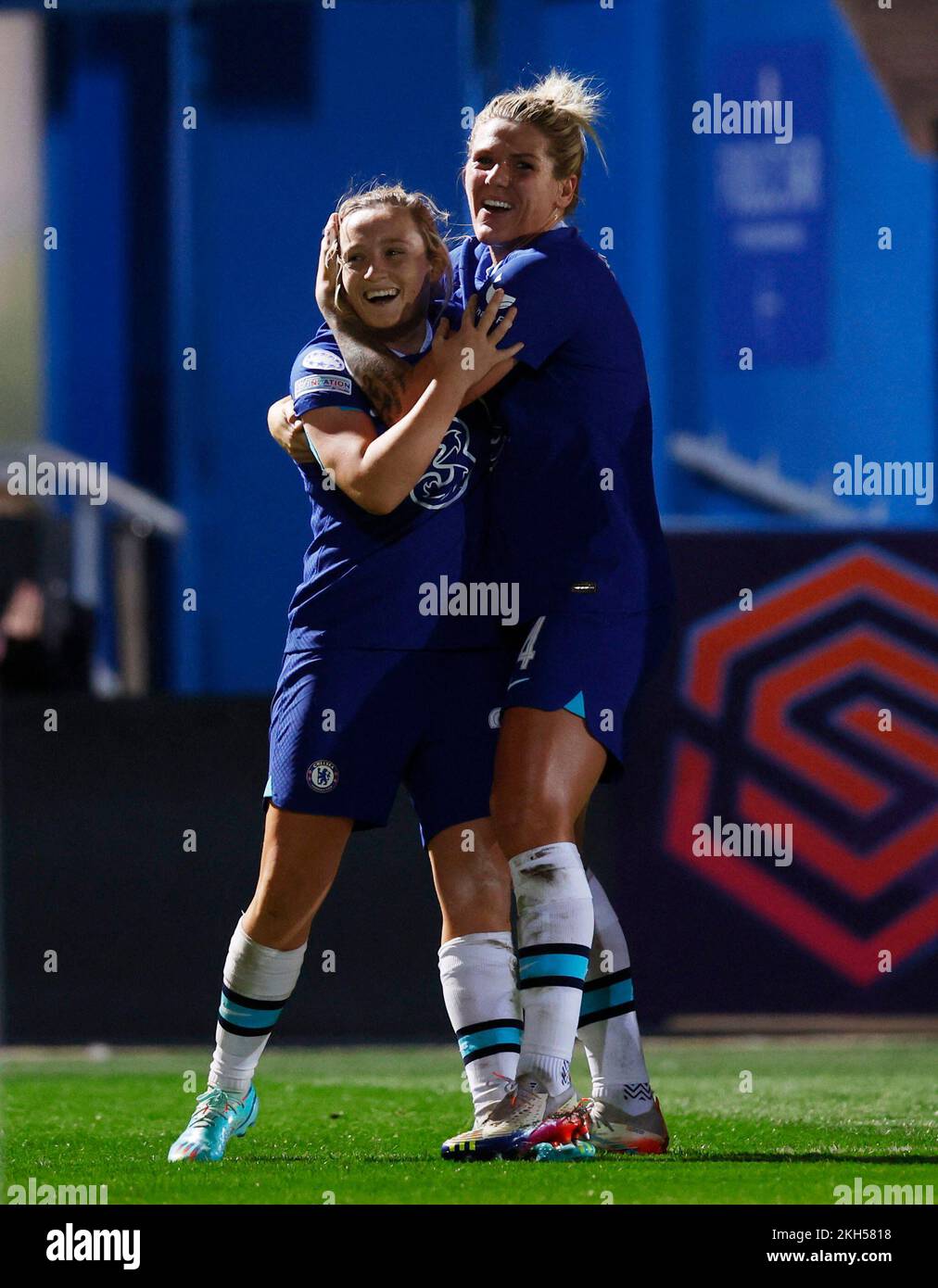 Soccer Football - Women's Champions League - Group A - Chelsea v Real Madrid - Kingsmeadow, London, Britain - November 23, 2022 Chelsea's Erin Cuthbert celebrates scoring their second goal with teammate REUTERS/Andrew Couldridge Stock Photo