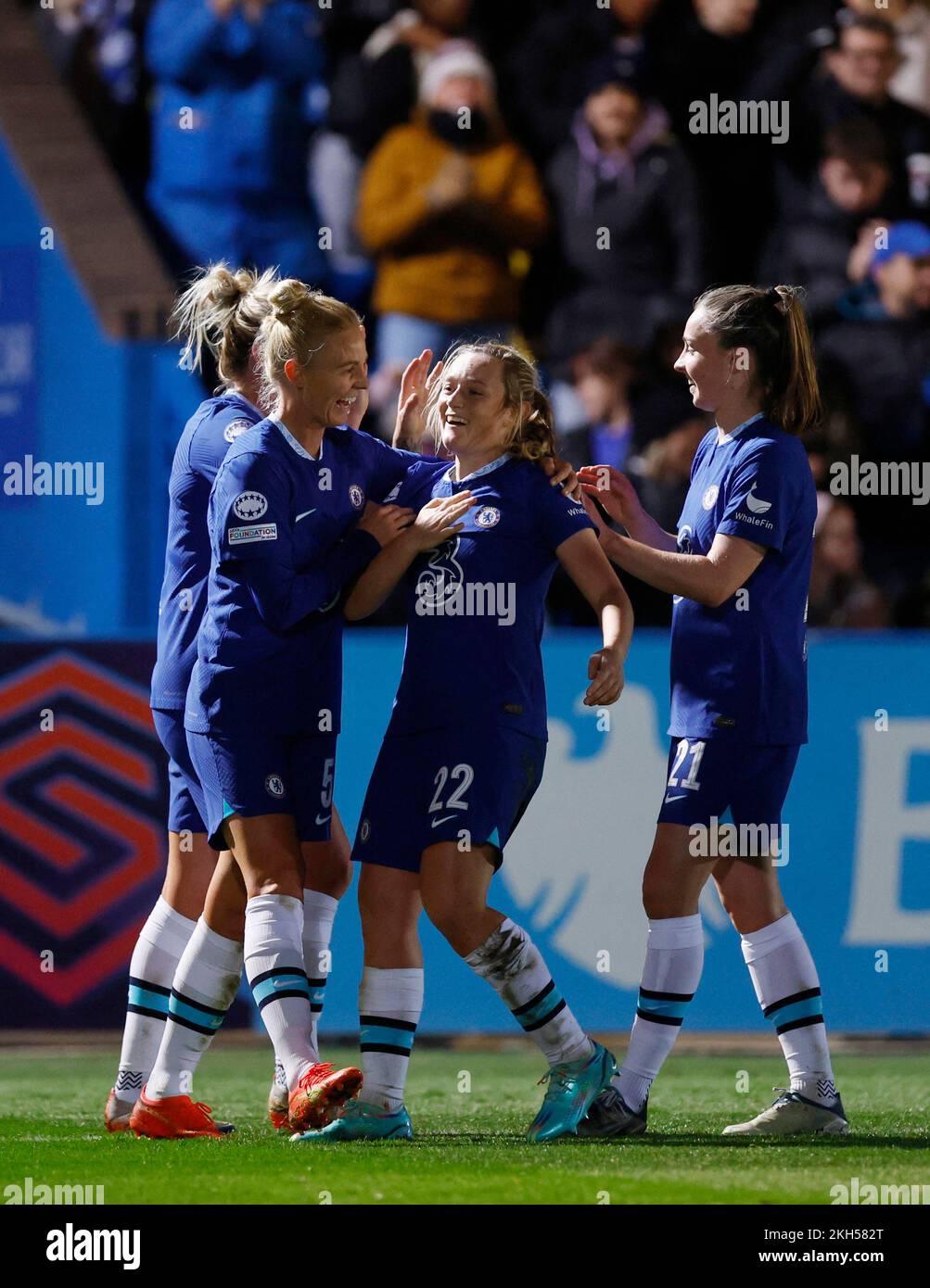 Soccer Football - Women's Champions League - Group A - Chelsea v Real Madrid - Kingsmeadow, London, Britain - November 23, 2022 Chelsea's Erin Cuthbert celebrates scoring their second goal with teammates REUTERS/Andrew Couldridge Stock Photo