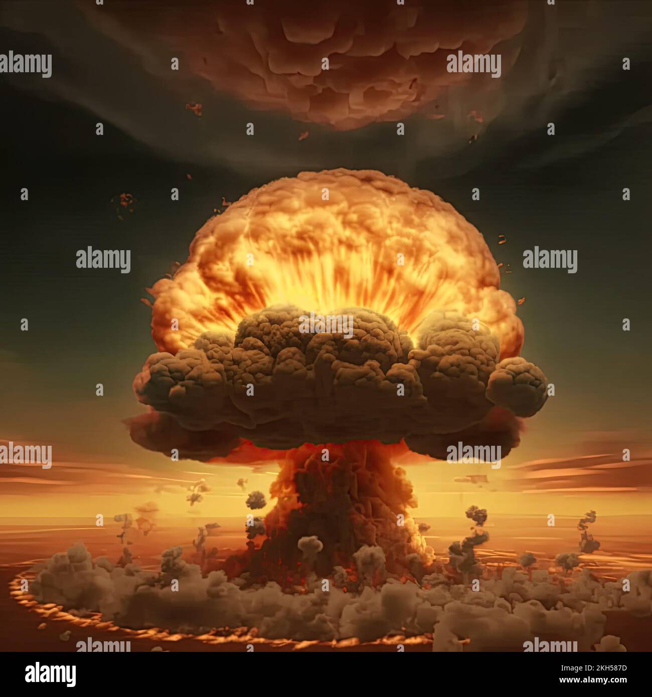 A nuclear explosion in the skyline creates a nuclear fire mushroom cloud in an apocalyptic war. 3D illustration. Stock Photo