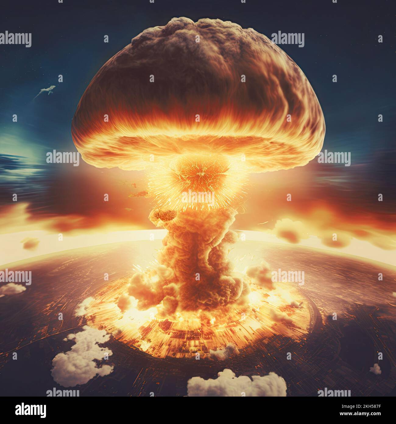 aerial view of a nuclear explosion in a skyline creating a nuclear fire mushroom cloud in an apocalyptic war. 3D illustration. Stock Photo