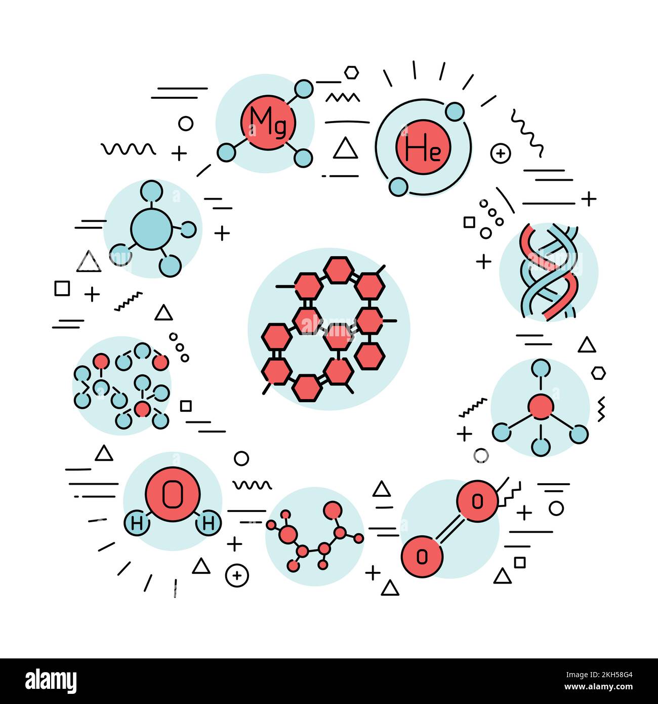 Molecules web banner. Infographics with linear icons on white background. Creative idea concept. Stock Vector