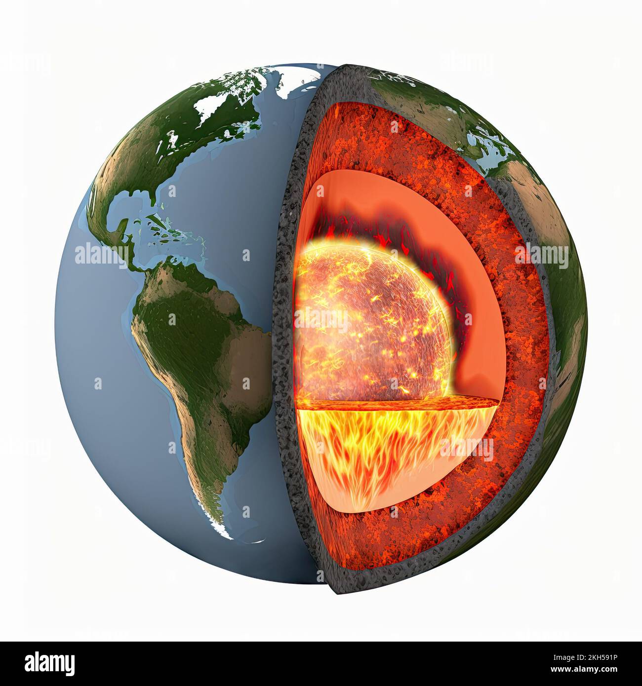 A cross-section cutaway view of the world, showing the crust, mantle, and inner core. 3D illustration with copy space. Stock Photo