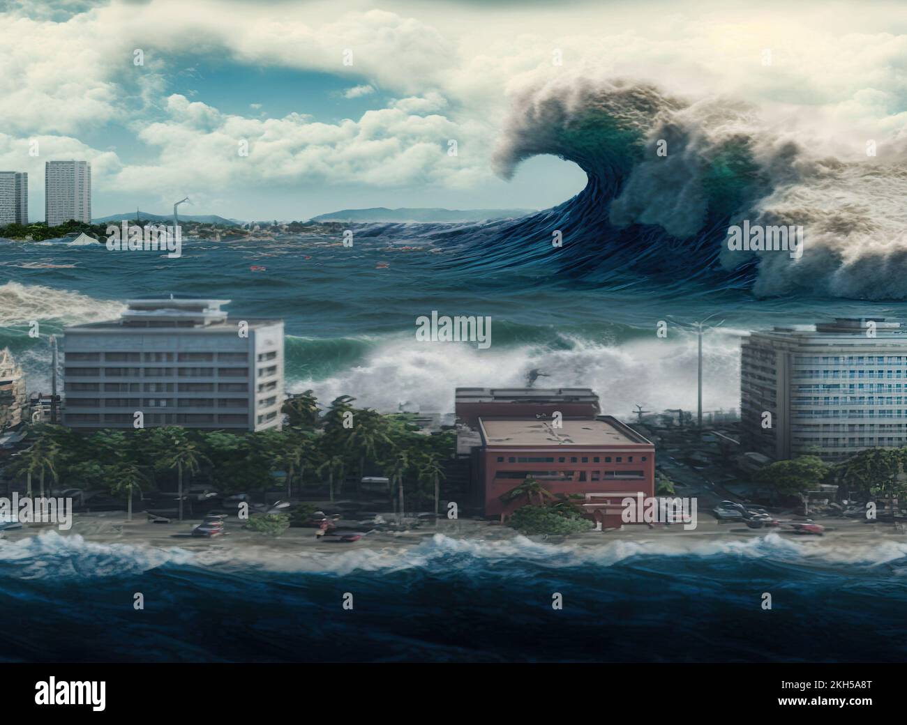 A 100-foot-high mega-tsunami is destroying an urban beach on a tropical coast. Climate change has caused many tragic disasters with natural phenomena. Stock Photo