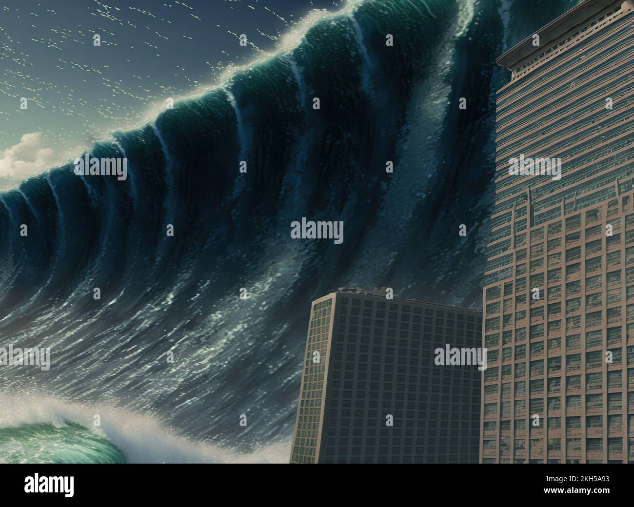 massive mega-tsunami with 100 feet waves hitting a tropical beach of a city by the ocean. Climate change has caused many natural disasters and Stock Photo