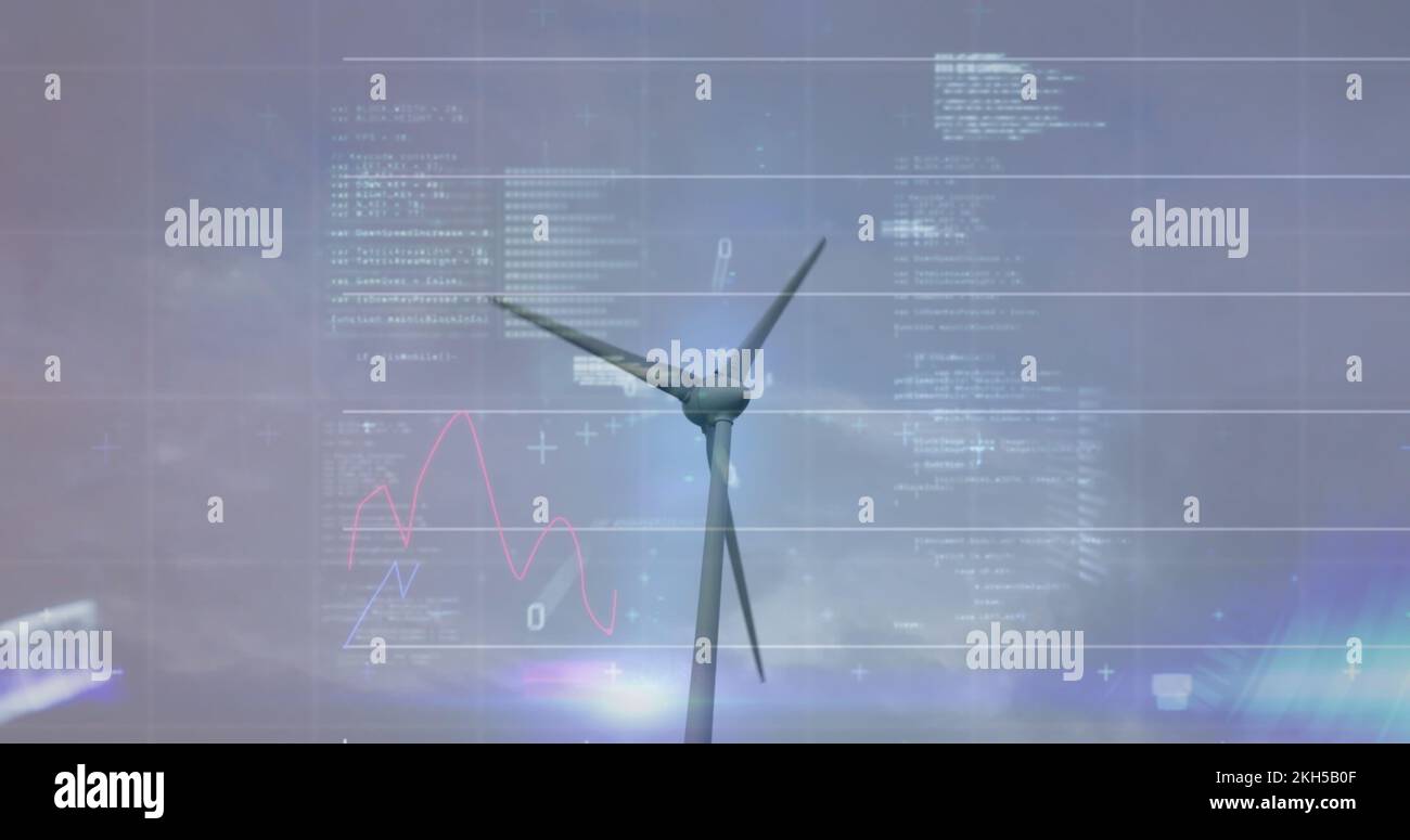 Image of wind turbine turning, data processing and stock exchange graph Stock Photo