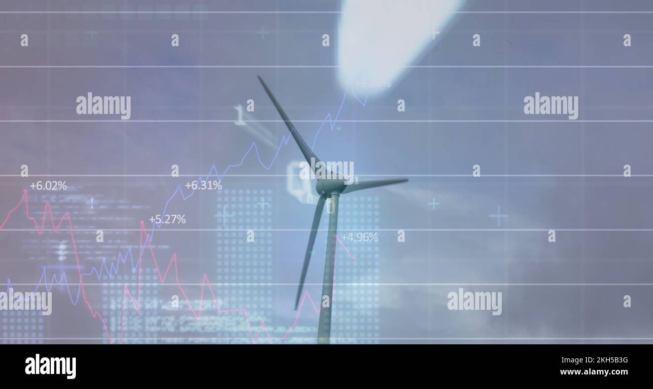 Image of wind turbine turning, data processing and stock exchange graph Stock Photo