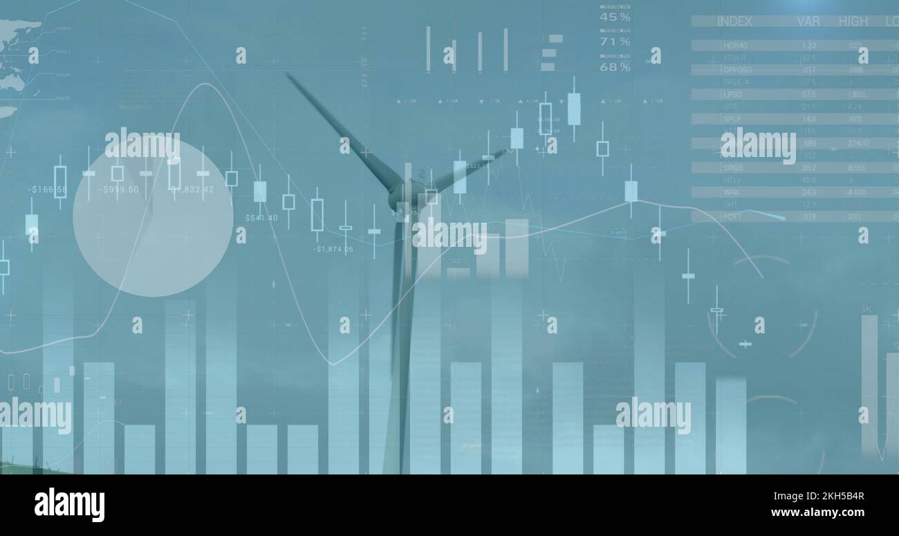 Image of wind turbines moving in countryside and stock exchange graph increasing and decreasing Stock Photo