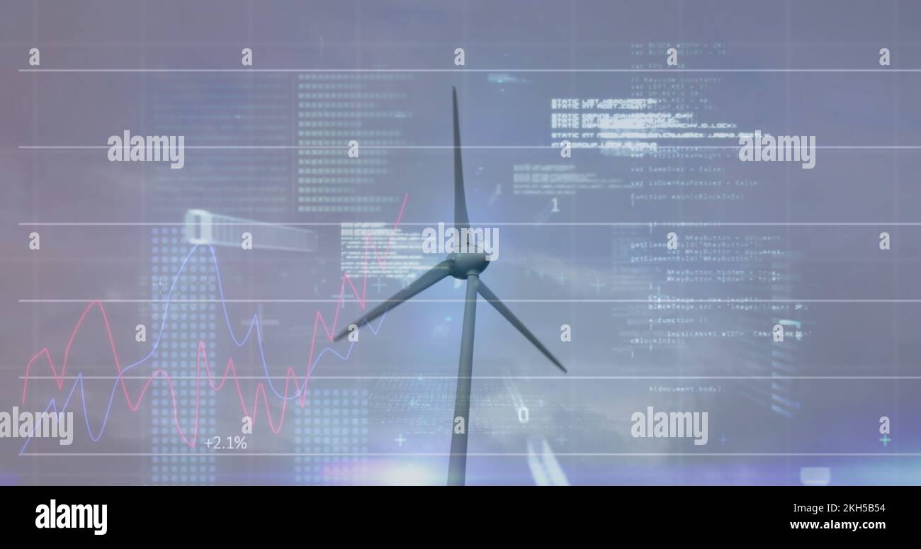 Image of wind turbine turning, data processing and stock exchange graph Stock Photo