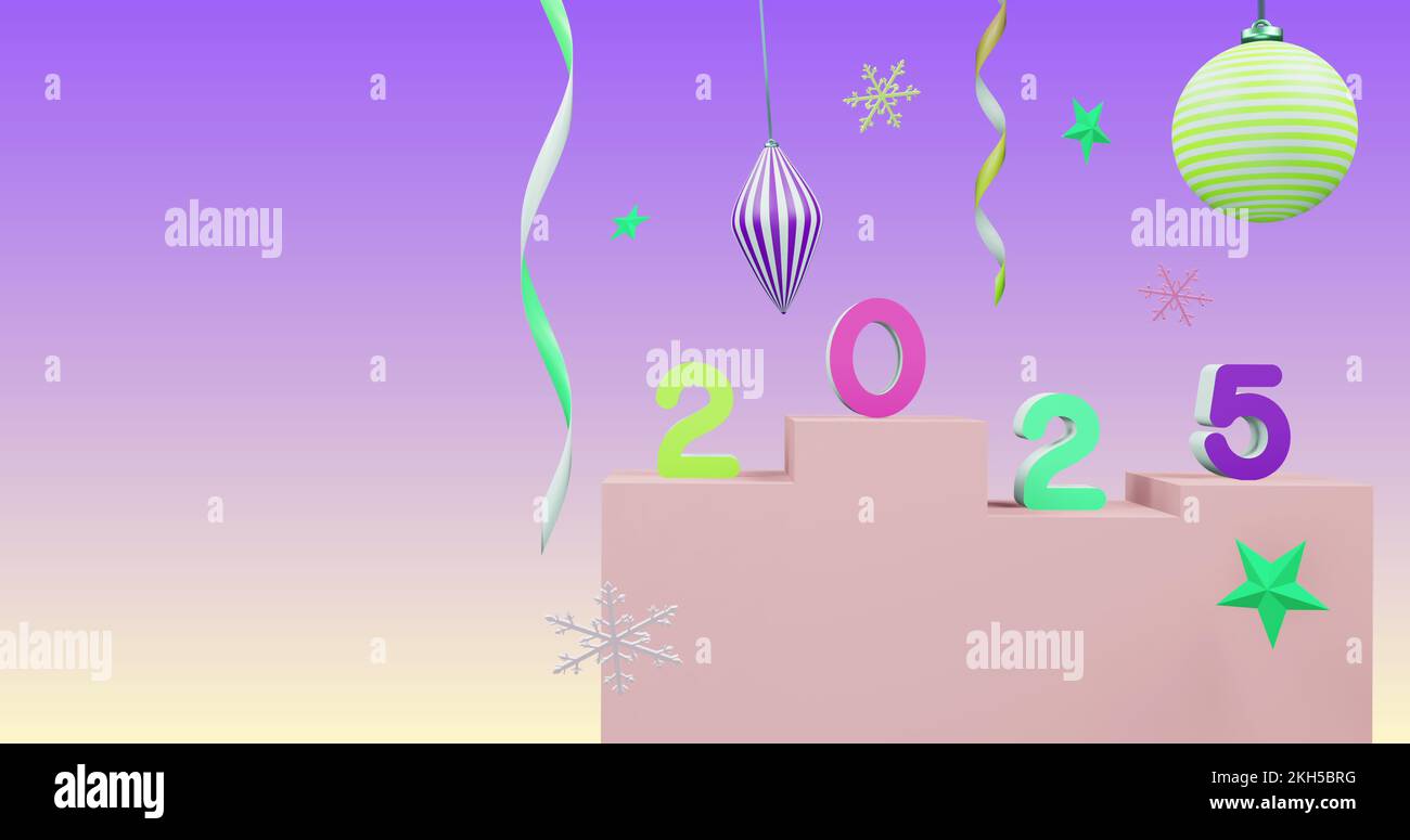 Image of 2025 number over new year and christmas decorations on purple
