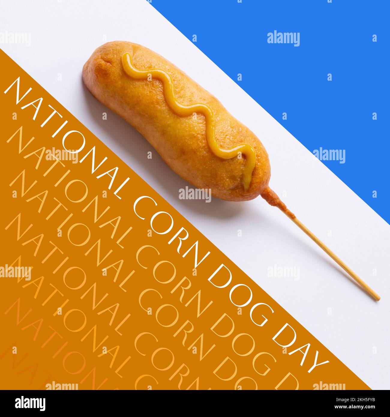 Composition of national corn dog day text over corn dog on white and