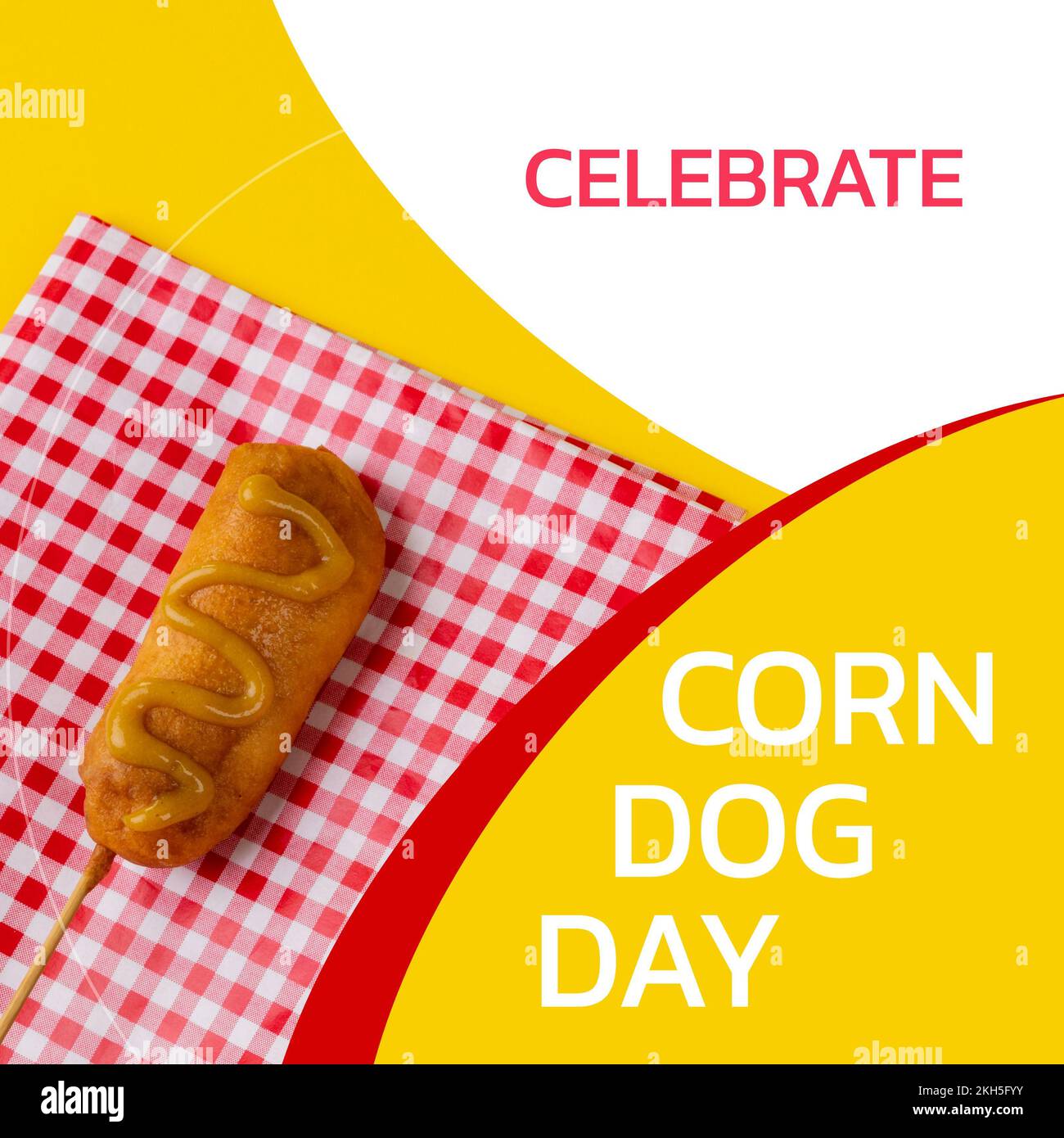 Composition of national corn dog day text over corn dog on gingham and