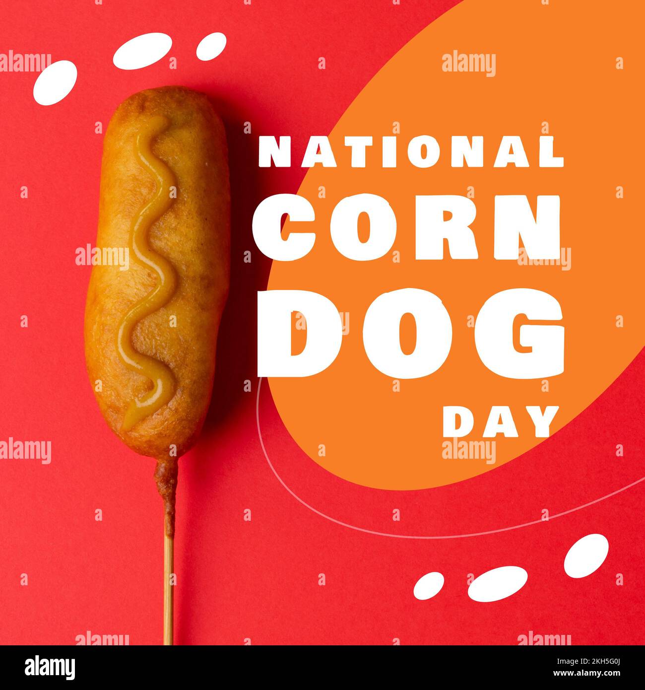 Composition of national corn dog day text over corn dog on red and orange background Stock Photo