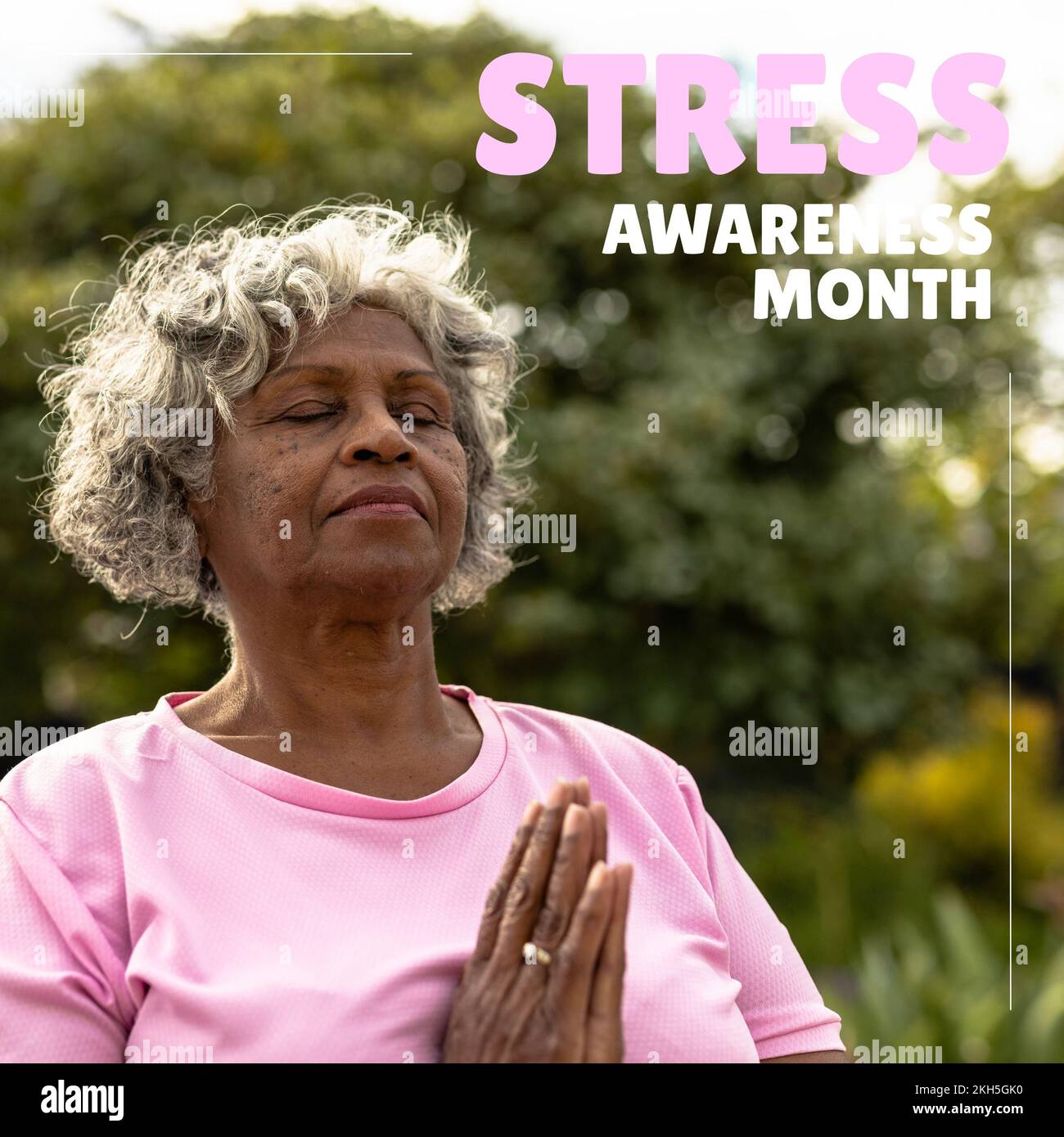 Composition of stress awareness month text over senior african american