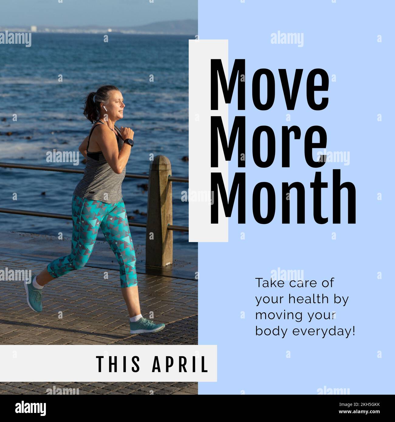Composition of move more month text and woman running by the sea Stock Photo