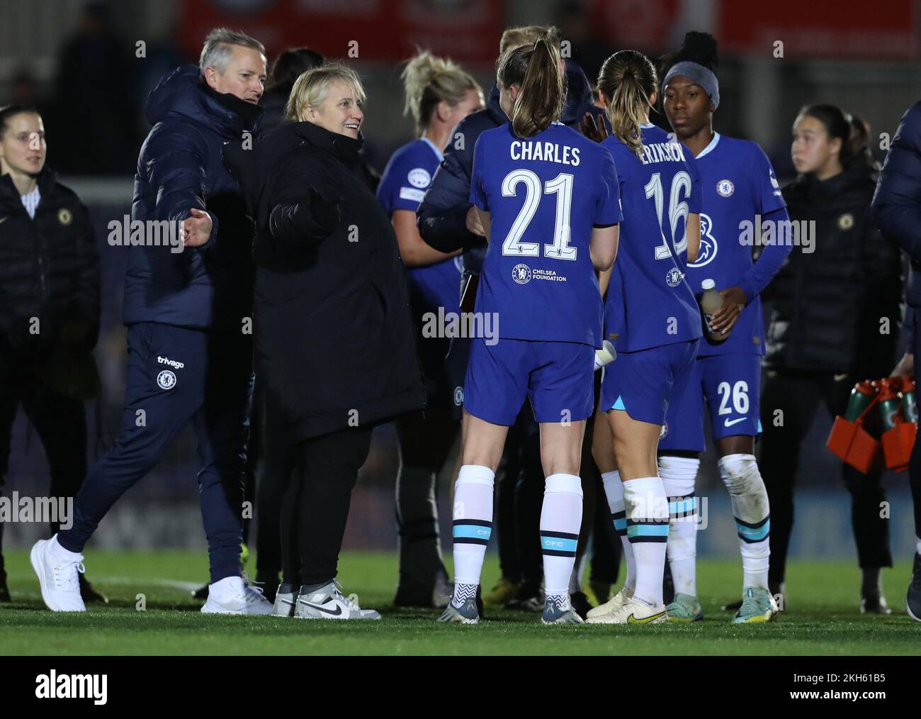 Kington Upon Thames, UK. 23rd Nov, 2022. Emma Hayes, Manager of Chelsea talks with Niamh Charles of Chelsea after the UEFA Womens Champions League match at Kingsmeadow, Kington Upon Thames. Picture credit should read: Paul Terry/Sportimage Credit: Sportimage/Alamy Live News Stock Photo
