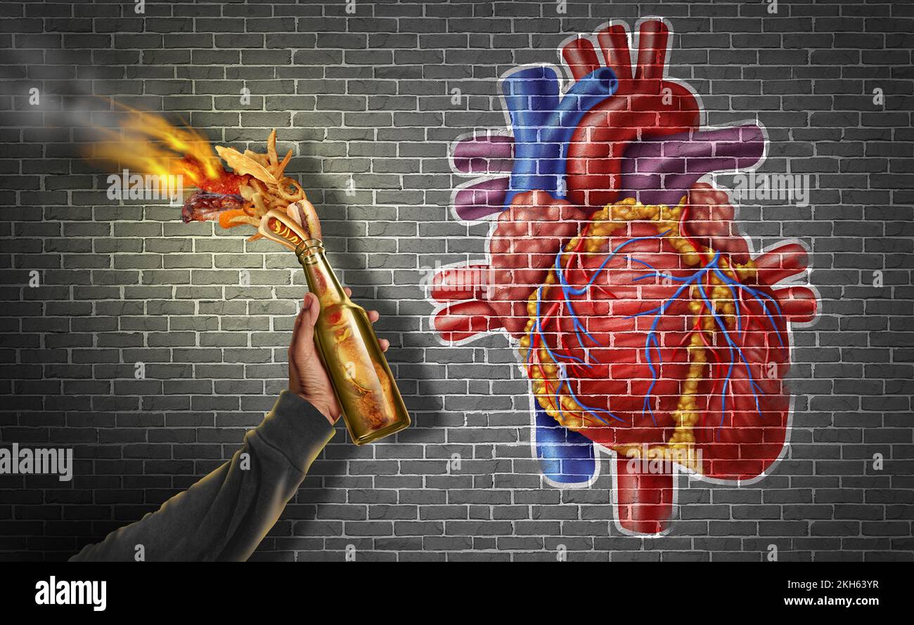 Heart Health Hazardous Food and dangerous diet as a Molotov cocktail with high-fat food as junk food and cholesterol-rich saturated fats Stock Photo