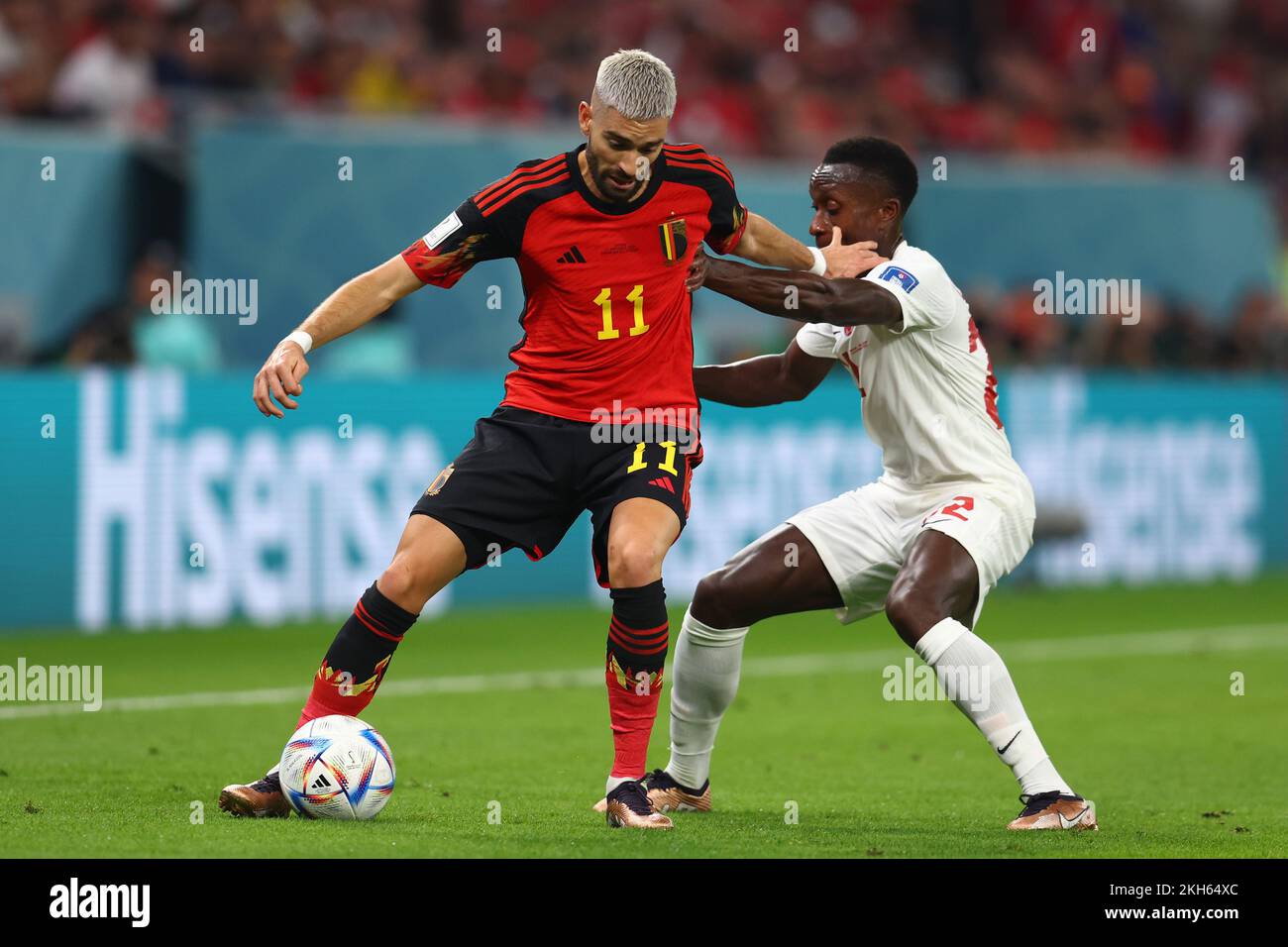 Doha, Qatar. 23rd Nov, 2022. Yannick Carrasco (L) of Belgium in action with Richie Laryea of Canada during the 2022 FIFA World Cup Group F match at the Ahmad Bin Ali Stadium in Doha, Qatar on November 23, 2022. Photo by Chris Brunskill/UPI Credit: UPI/Alamy Live News Stock Photo