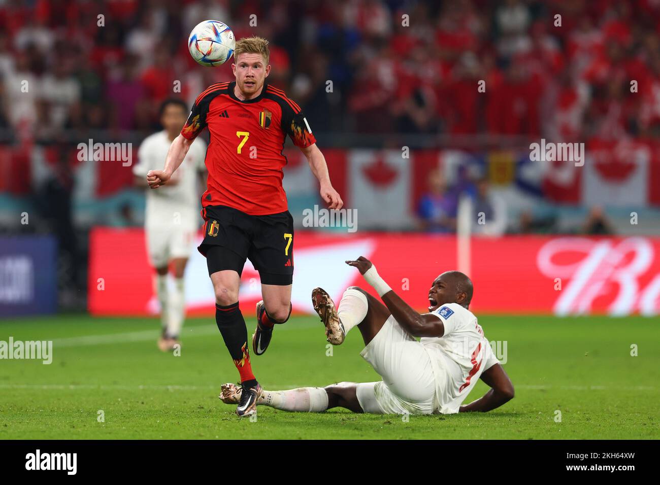 Doha, Qatar. 23rd Nov, 2022. Kevin De Bruyne (L) of Belgium in action with Kamal Miller of Canada during the 2022 FIFA World Cup Group F match at the Ahmad Bin Ali Stadium in Doha, Qatar on November 23, 2022. Photo by Chris Brunskill/UPI Credit: UPI/Alamy Live News Stock Photo