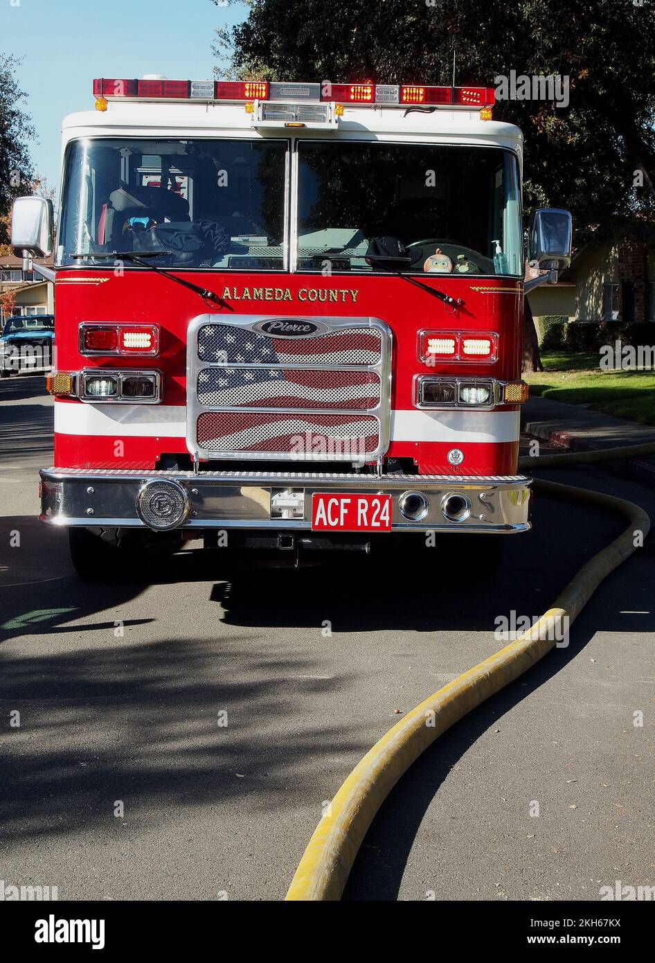 Alameda County Fire department truck at a fire in Union City, California Stock Photo