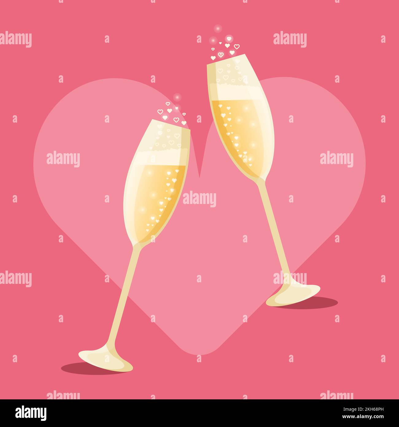 Two glasses of champagne with bubbles isolated on a pink heart ...