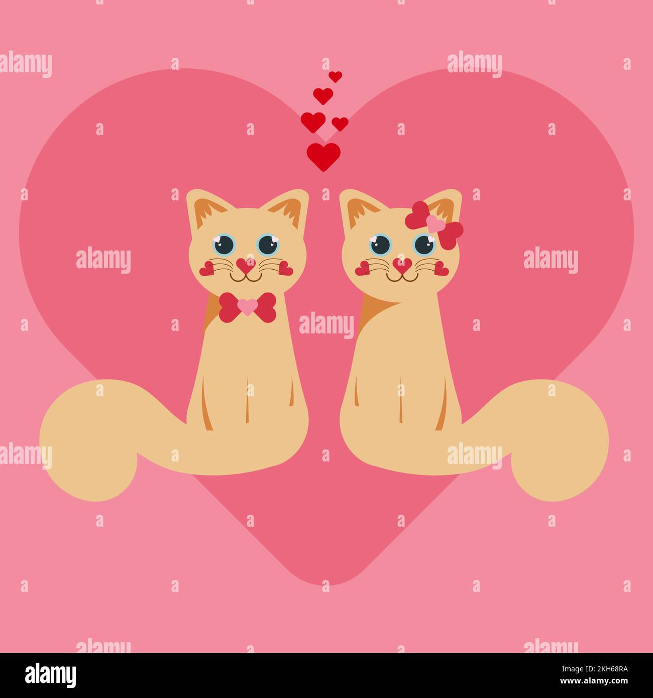 A couple of two cats in love on big pink heart background for valentines day, cute cartoon character, vector illustrations in flat style Stock Vector
