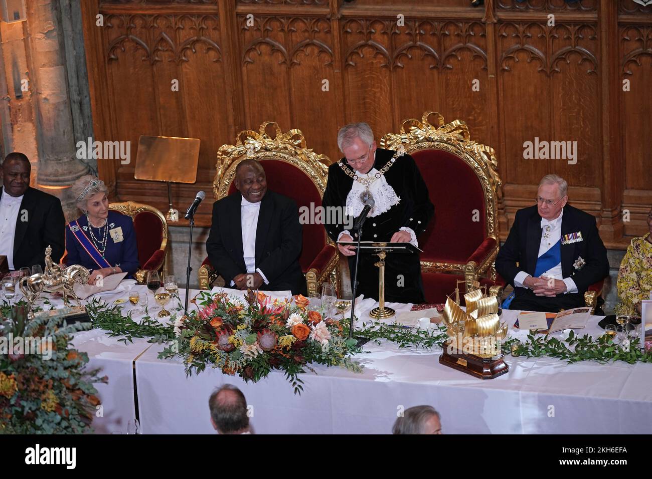 The Lord Mayor of London, Nicholas Lyons, speaks as President Cyril Ramaphosa (third left) of South Africa and the Duke (right) and Duchess of Gloucester (second left) listen, during a banquet at the Guildhall in London, given by the Lord Mayor and City of London Corporation, during his state visit to the UK. Picture date: Wednesday November 23, 2022. Stock Photo