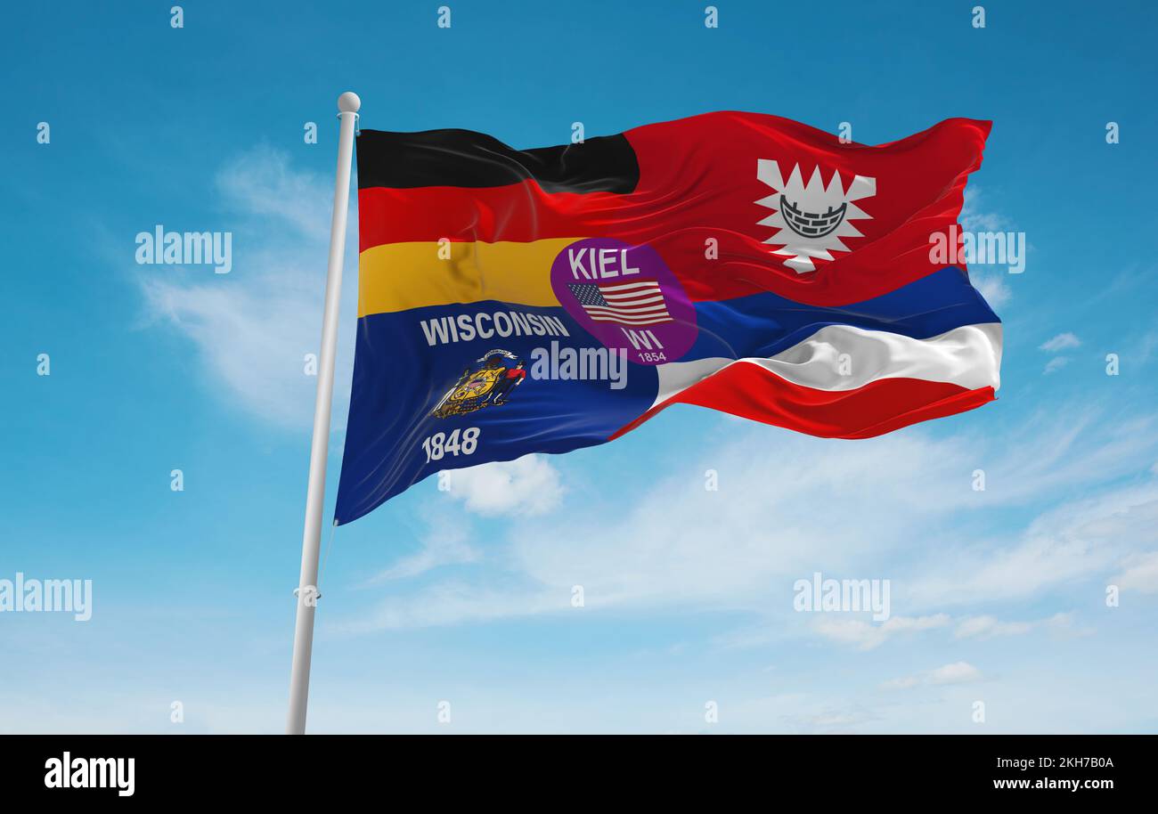 official flag of Kiel, Wisconsin untied states of America at cloudy sky