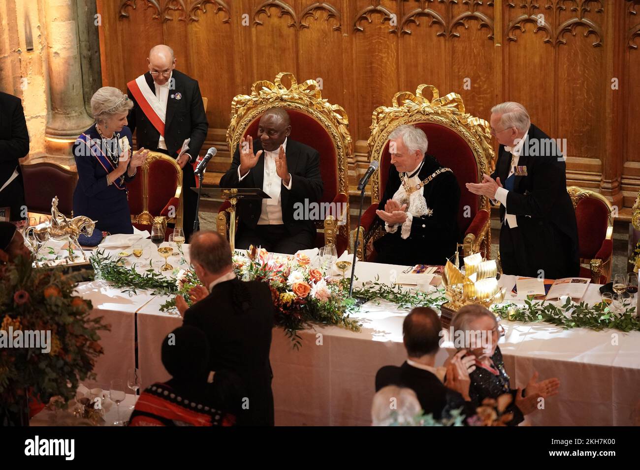 (left to right) The Duchess of Gloucester, President Cyril Ramaphosa of South Africa, the Lord Mayor of London, Nicholas Lyons and the Duke of Gloucester during a banquet at the Guildhall in London, given by the Lord Mayor and City of London Corporation, for Mr Ramaphosa's state visit to the UK. Picture date: Wednesday November 23, 2022. Stock Photo