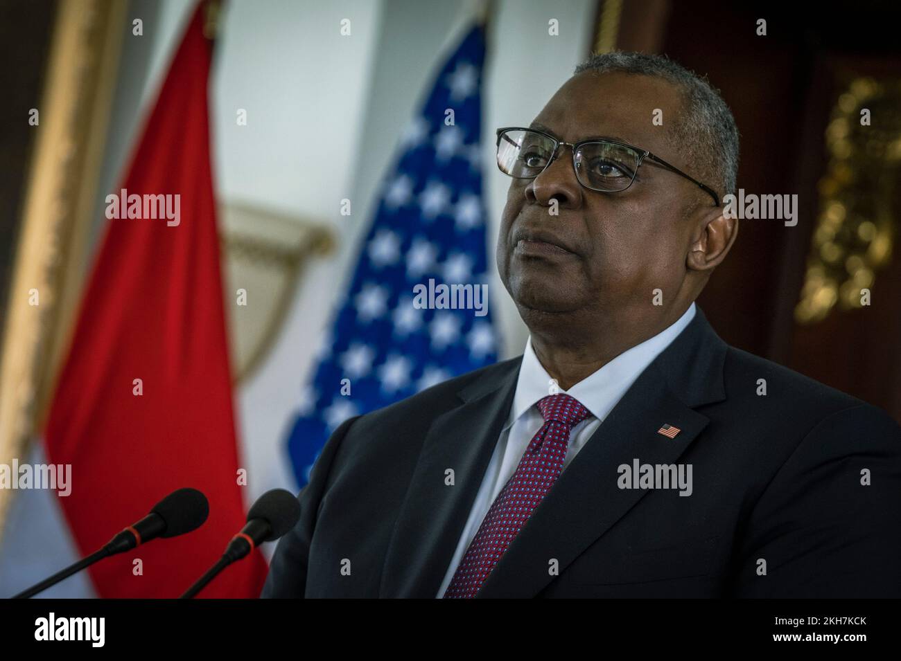 Jakarta, Indonesia. 21 November, 2022. U.S. Secretary of Defense Lloyd J. Austin III, listens to a question during a joint news conference with Indonesian Defense Minister Prabowo Subianto, November 21, 2022 in Jakarta, Indonesia. Credit: Chad J. McNeeley/DOD/Alamy Live News Stock Photo