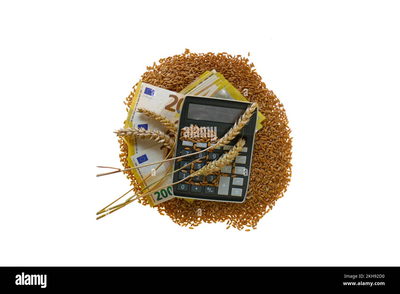 Sale wheat concept. Wheat prices. Wheat grains, euro banknotes and a calculator on a white background.Food crisis. Growth in world prices for wheat Stock Photo