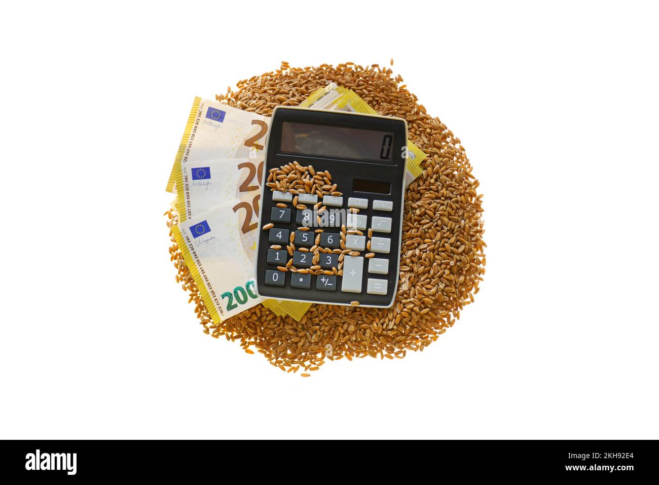 Sale and purchase of wheat concept. Wheat prices. Wheat grains, euro banknotes and a calculator on a white background.Food crisis. Growth in world Stock Photo