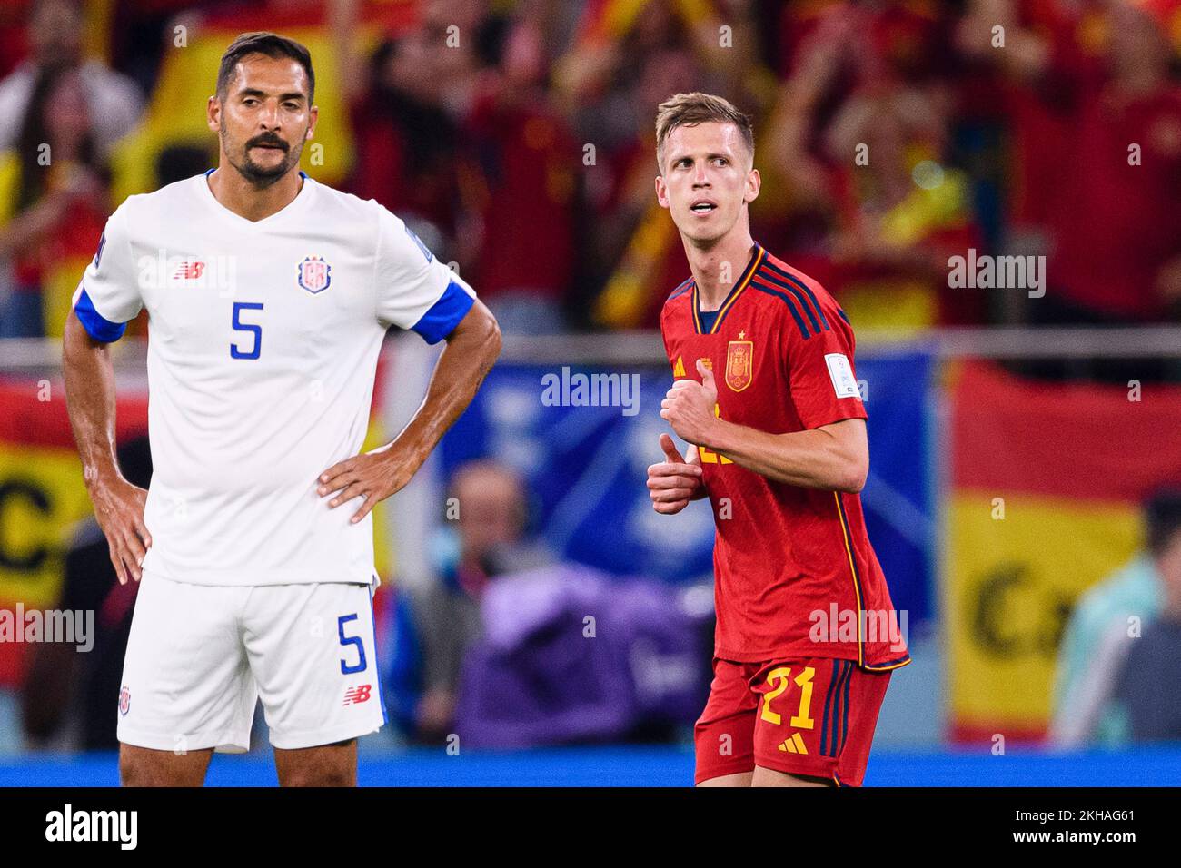 Doha, Qatar. 23rd Nov, 2022. Doha, Qatar, Nov 23rd 2022: Dani Olmo of Spain and Celso Borges of Costa Rica during a match between Spain vs Costa Rica, valid for the group stage of the World Cup, held at Al Thumama Stadium in Doha, Qatar. (Marcio Machado/SPP) Credit: SPP Sport Press Photo. /Alamy Live News Stock Photo