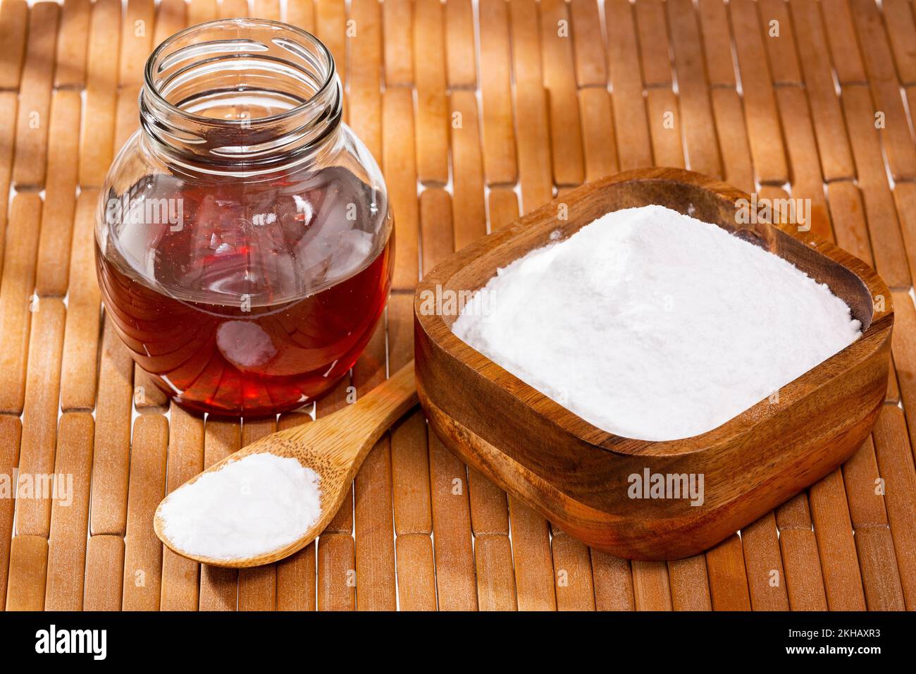 Baking Soda And Honey Bee On Wooden Background. Stock Photo