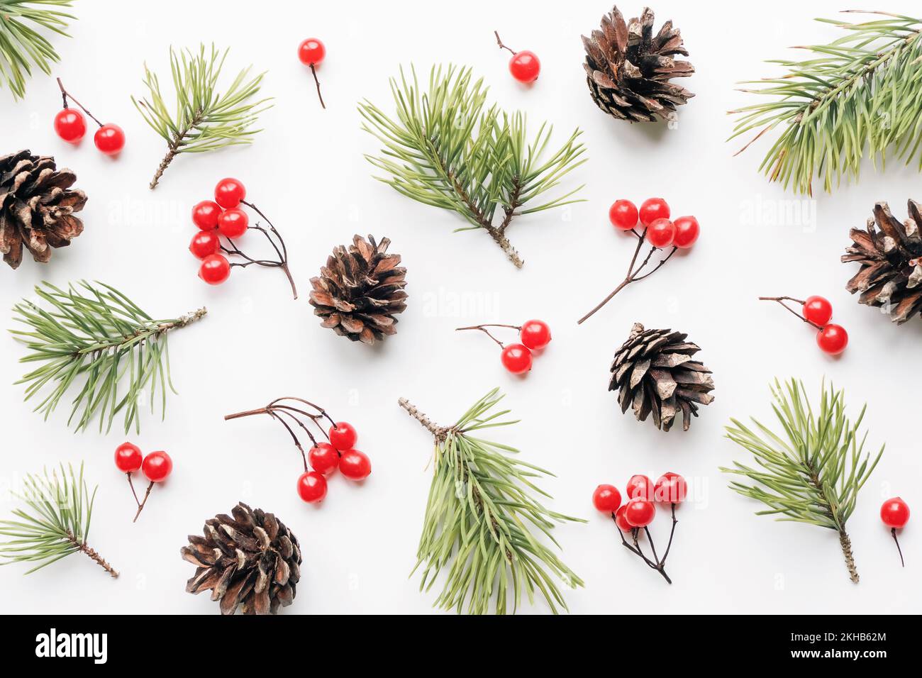 Christmas background, floral pattern of pine tree branches and cones on ...