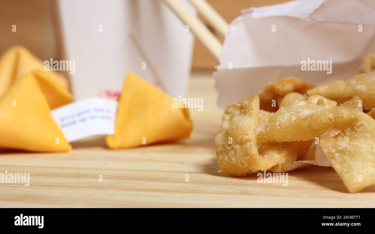 Chinese Food on Wooden Table, Close up on Fried Noodles Stock Photo