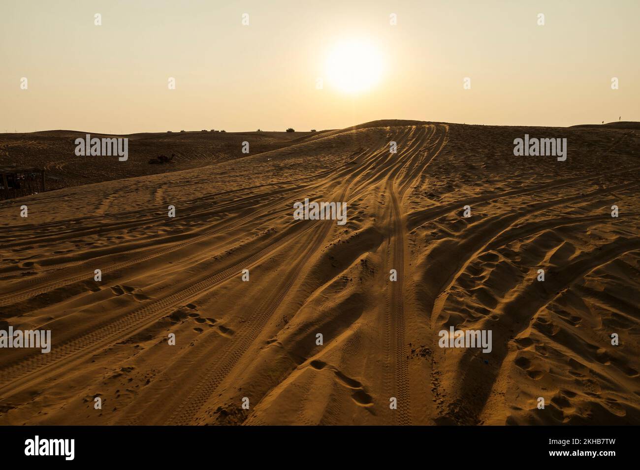 Car tyre marks on sand dunes of Thar desert, Rajasthan, India. Tourists arrive on cars to watch sun rise at desert , a very popular activity amongst t Stock Photo