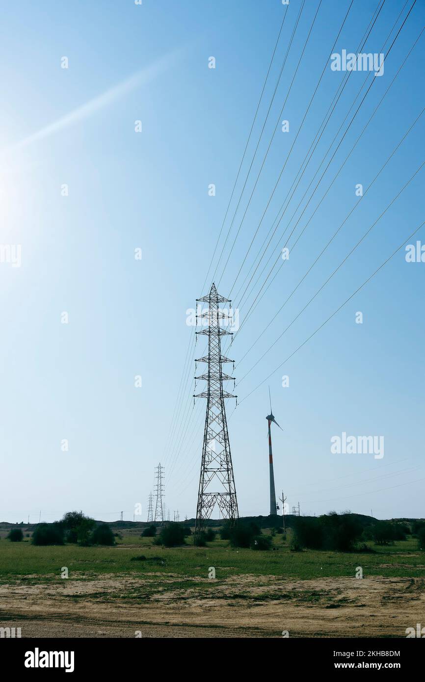High voltage electricity transmission lines at Thar desert, Rajasthan